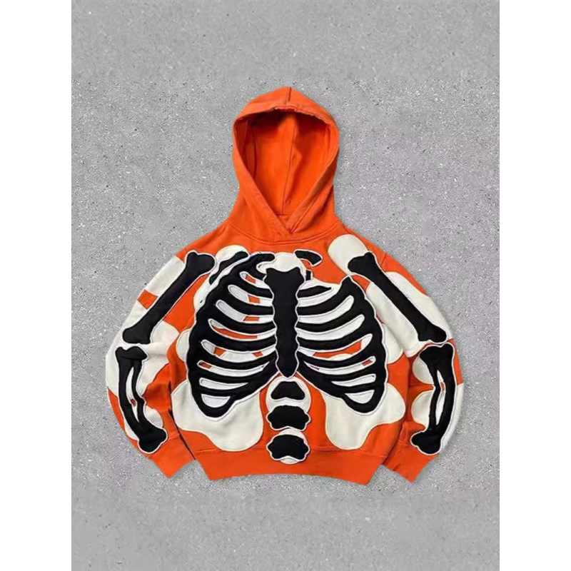 Felpa con cappuccio con stampa scheletrica 3D – Pullover streetwear ad alta grammatura (S-3XL, 96% poliestere, stile gotico unisex)_voghion.com