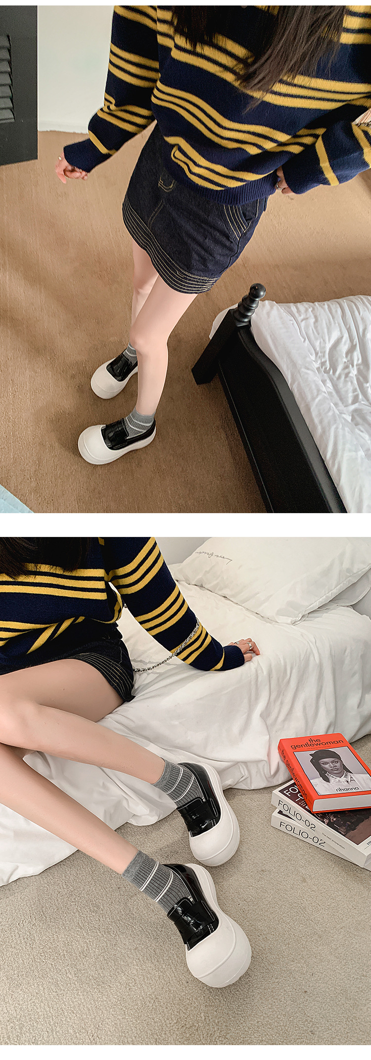 Giày loafer nữ đế dày 5cm da thật phong cách sneaker chunky — màu đen, màu trắng chi tiết 14