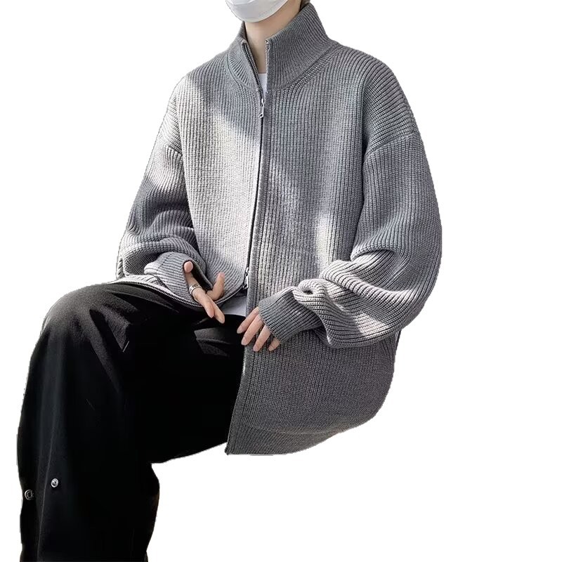 Retro Color-Block Cardigan – Oversized Stand Collar Sweater With Dual-Zip (M-3XL, Grey/Black)_voghion.com