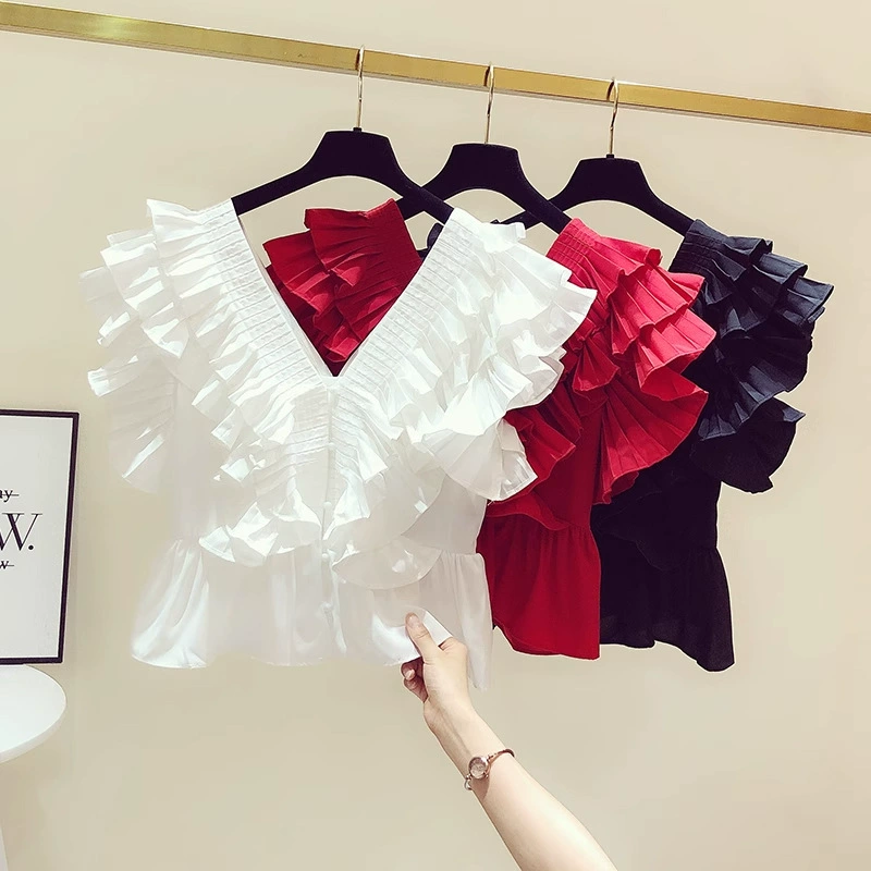 Французский ретро маленький ароматный ветер с V-образным вырезом рубашка женский короткий рукав летняя высокая талия короткий маленький красный топ
