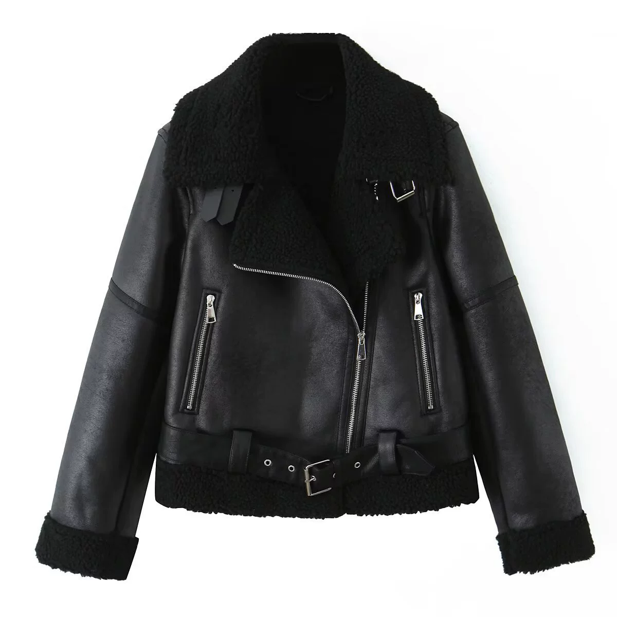 Women's Suede Motorcycle Jacket, Thickened Shearling Lining, Large Lapel, XS–XL