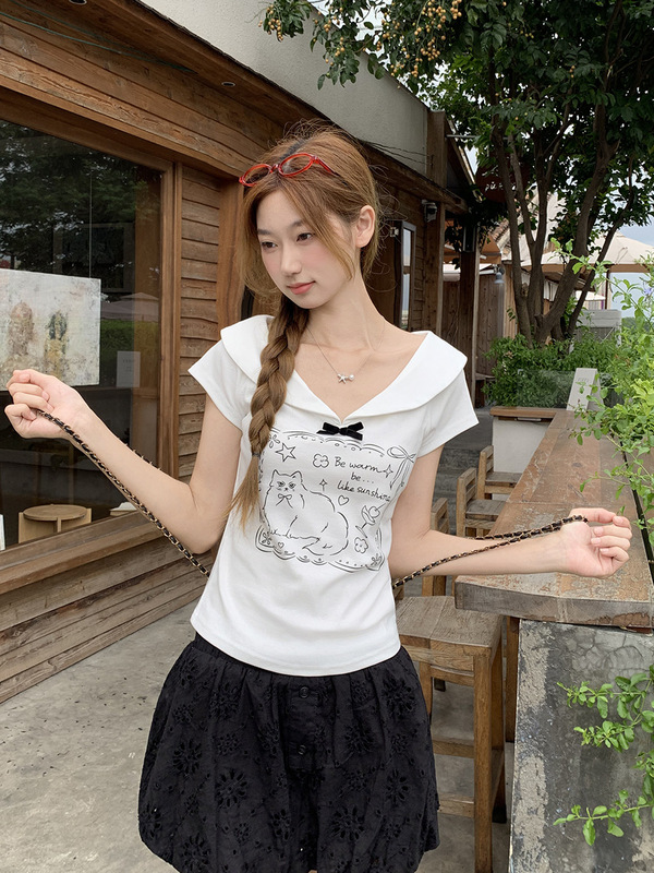 スイートガールドールカラー半袖Tシャツレディース右肩2025年夏新作スリムガールプリントリボントップ|undefined