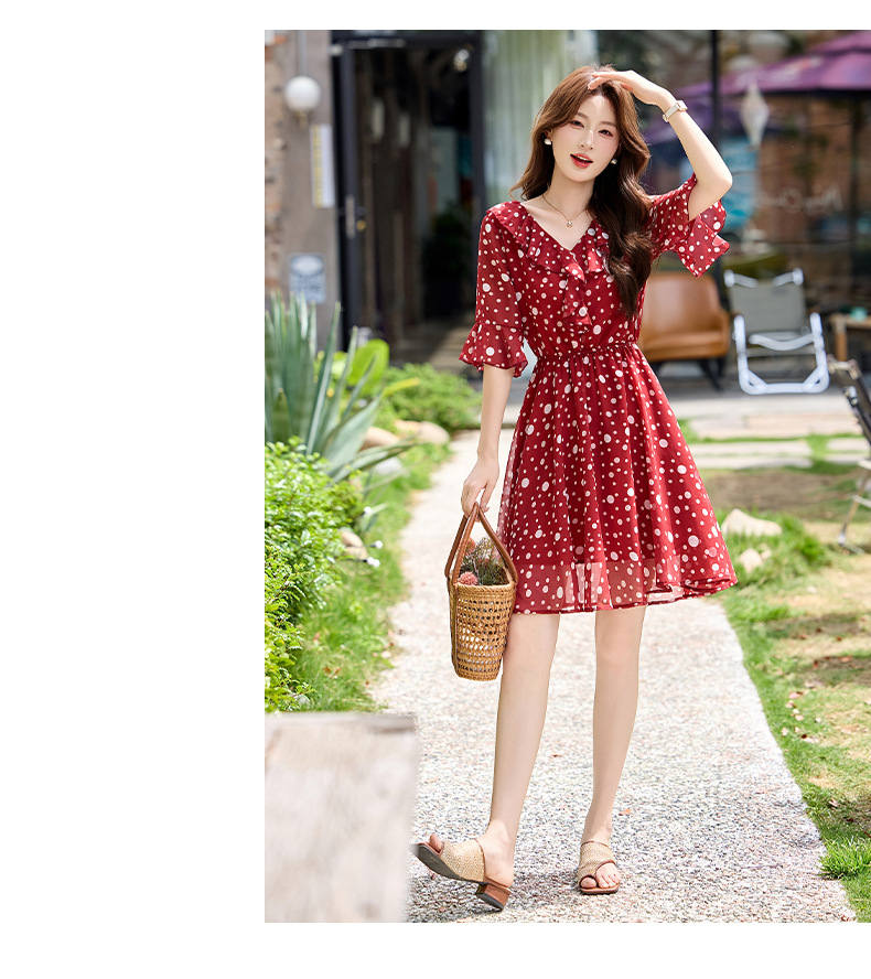 Đầm maxi nữ thắt eo cổ V in chấm bi đỏ — màu đen, màu đỏ chi tiết 22