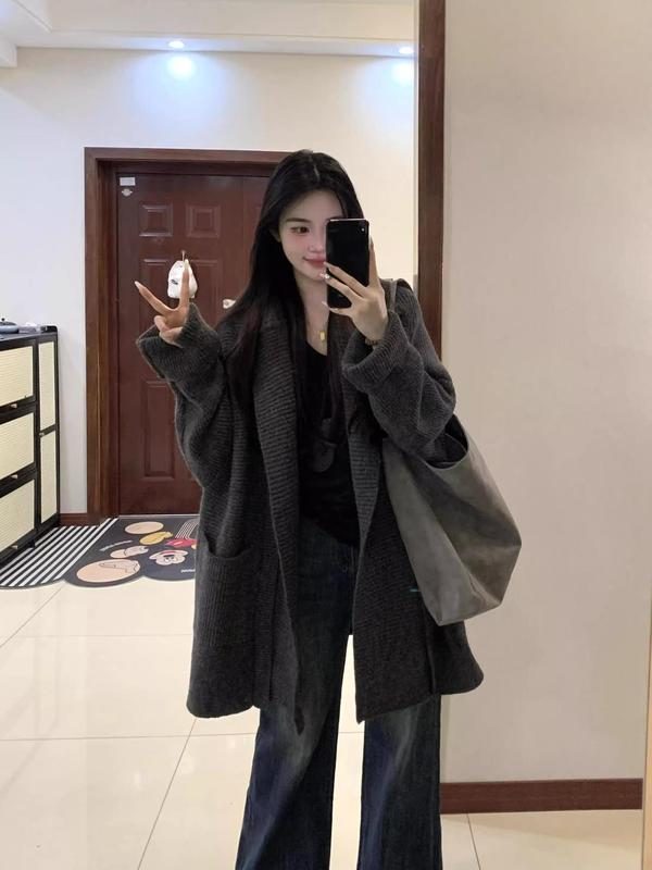 慵懒风宽松休闲针织开衫女秋冬保暖气质百搭中长款毛衣外套|undefined