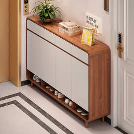 入户实木色中古鞋柜家用门口收纳柜一体靠墙2025新款大容量玄关鞋