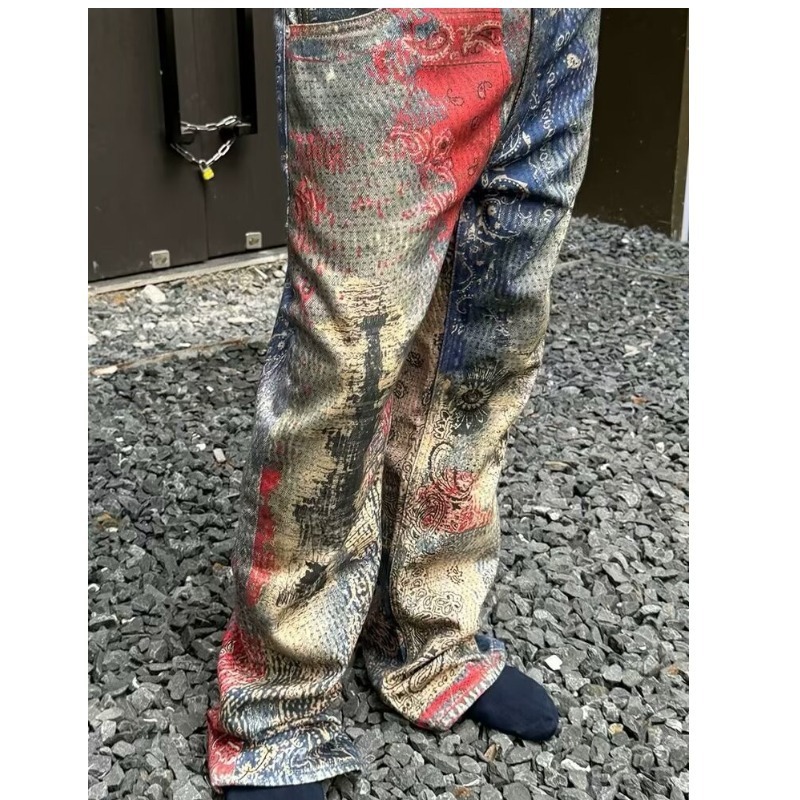 American High Street Trend Brand Wasteland Dirty Style Digital 3D Print Unisex Casual Wide-Leg Straight Jeans_viptrois.com