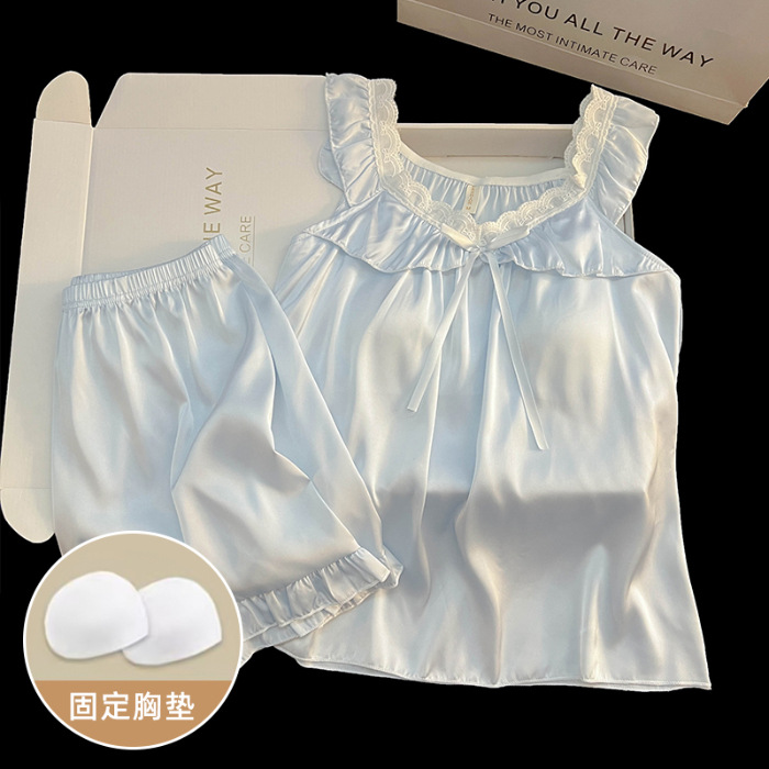 2025 Summer Cross-Border Pure Desire Style Women's Camisole Shorts Ice Silk Pajamas Snow Suit with Chest Pad Foreign Trade Wholesale