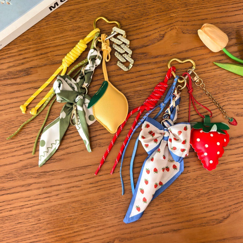Miu Series Summer Fresh Style Silk Scarf Leather Strawberry Lemon Bag Keychain Women's Backpack Pendant Decoration Wholesale Miu Series Summer Fresh Style Silk Scarf Leather Strawberry Lemon Bag Keychain Women's Backpack Pendant Decoration Wholesale
