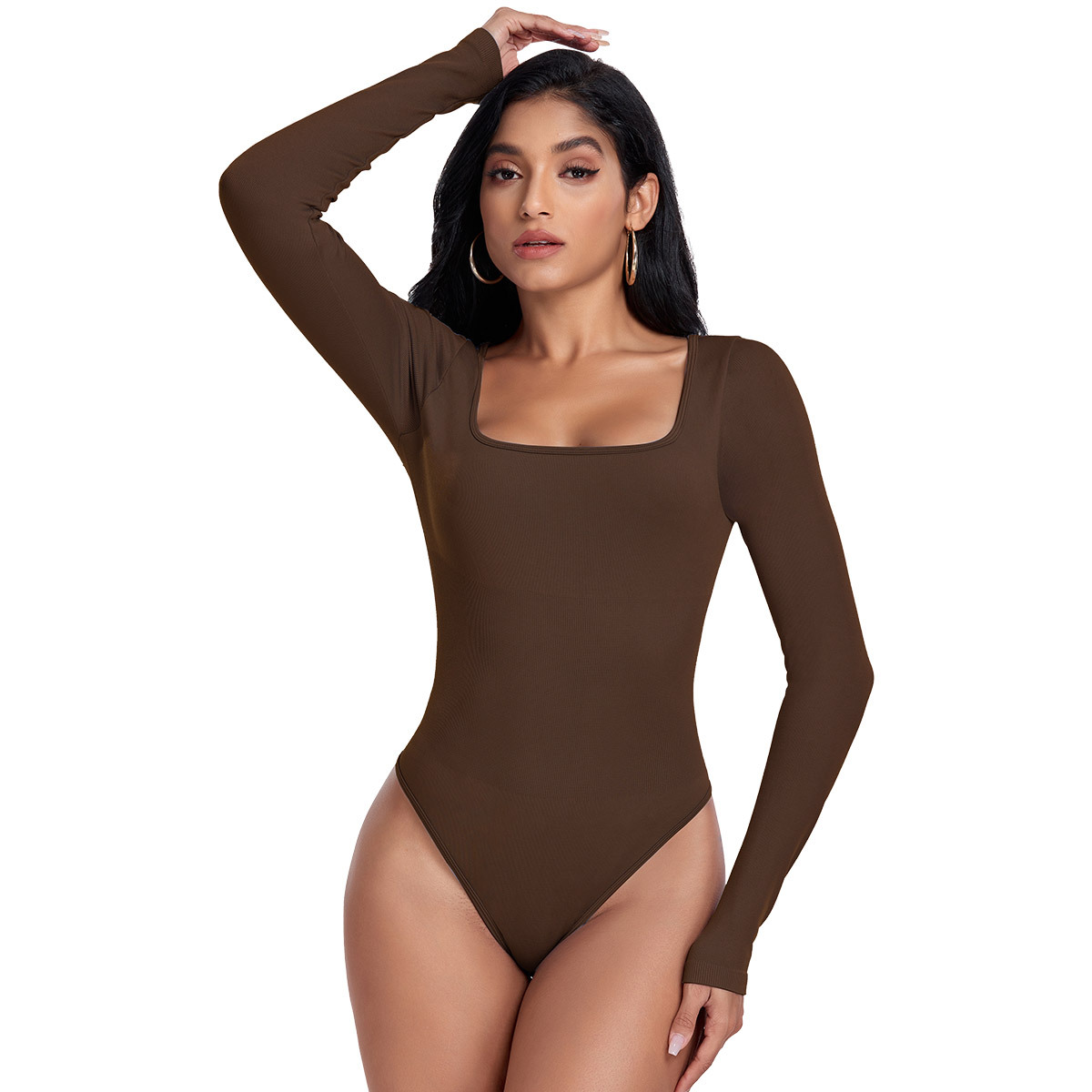 Ropa de yoga de manga larga sin costuras de otoño e invierno, deportes, alta elasticidad, hilo delgado, cuello cuadrado, cintura, cuerpo moldeado, una pieza con hebilla oculta