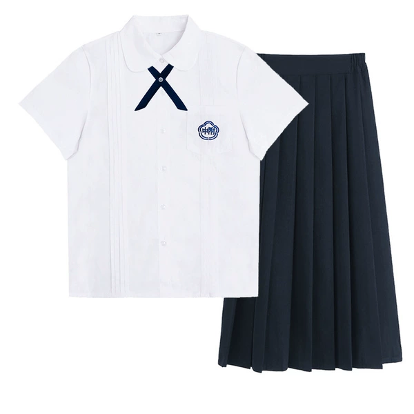 Girls' High School Short Sleeve Shirt + Cross Knot + YKK Cyan Long Skirt