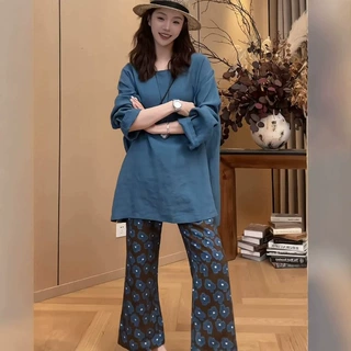 韩系纯色短袖T恤+碎花九分裤两件套女2026夏季新款宽松显瘦套装