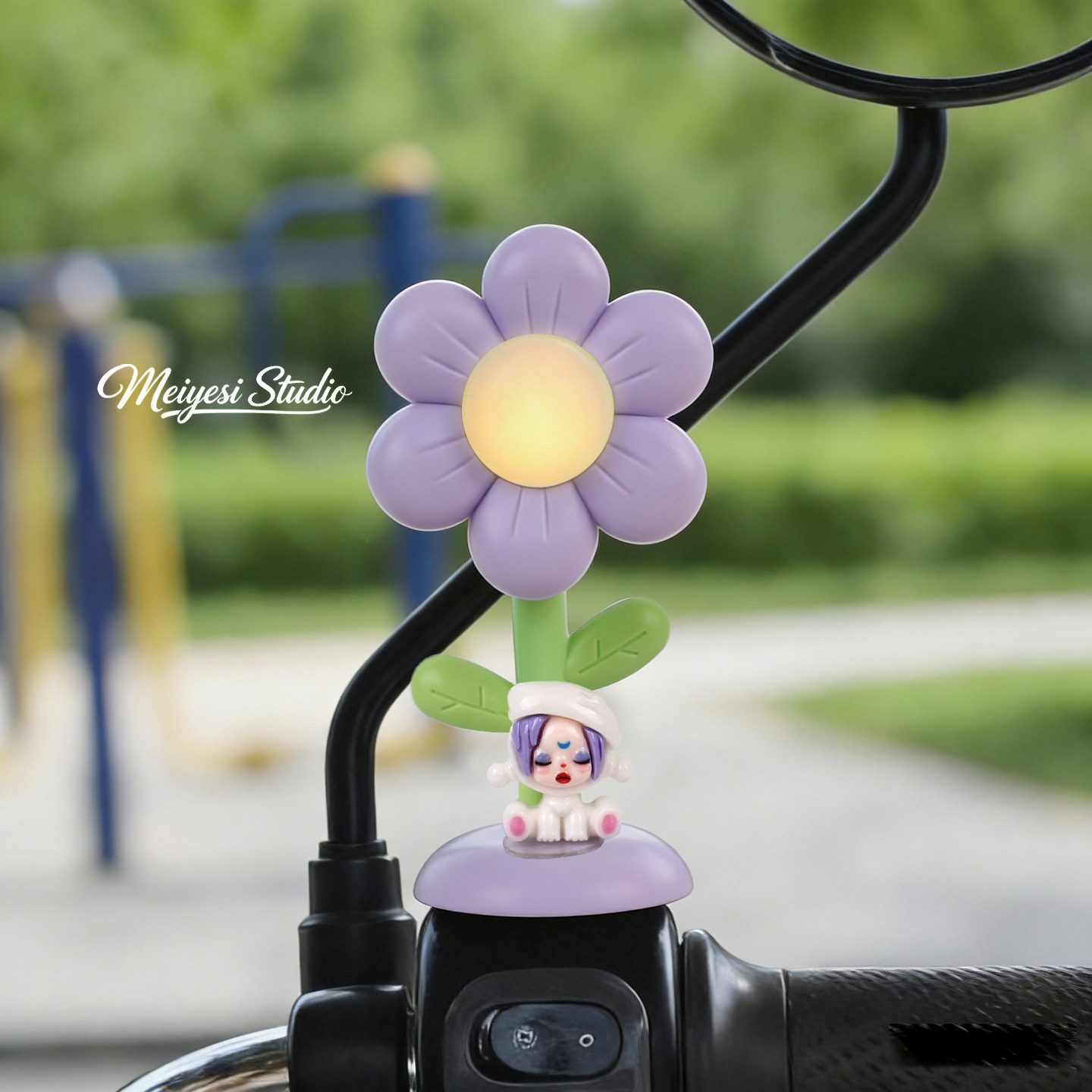 Flores de automóviles eléctricos adornos de luces lindos dibujos animados jefe perro coche de batería bicicleta de noche luces de advertencia accesorios de decoración