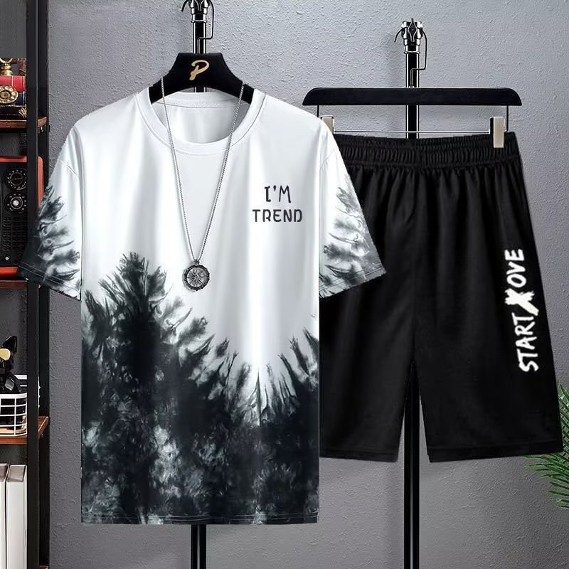 Traje de camiseta de manga corta de seda de hielo para hombres más tamaño adolescentes 2023 nuevo conjunto de verano de ropa casual a juego guapo T