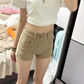 美式辣妹卡其色牛仔短裤女韩版夏季设计感高腰显瘦紧身包臀热裤