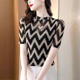 2025夏季网纱波浪印花刺绣烫钻洋气圆领蕾丝打底上衣