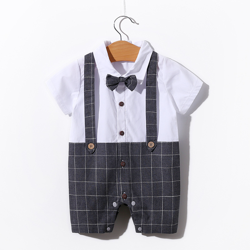 2022-Baby Hundred Days Dress Summer Short Sleeve Thin Boy Baby Gentleman Bodysuit Shirt Newborn Clothes