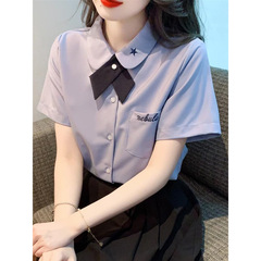 日系学院風白シャツ夏タイプ減齢単列ボタンjk上着女性刺繍上着ショートタイプ韓国式蝶ネクタイ