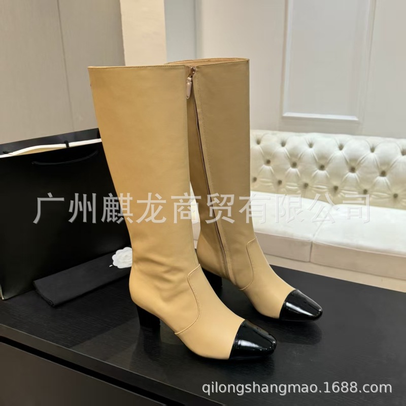 高端品质2025秋冬小香风真皮拼色复古粗跟侧拉链高跟不过膝长靴女|undefined