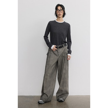 [识时]新品纯棉黑灰炒色贴袋工装感长裤低腰宽松廓腿休闲裤V7596