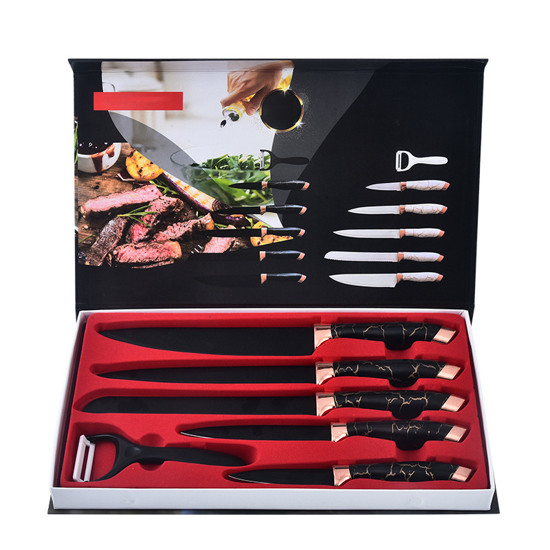 Seis piezas de doble cabeza de chapado de mármol Negro - caja de solapa de camello