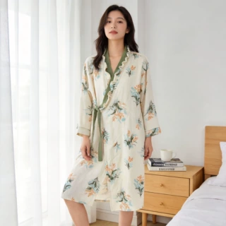 国风长袖纯棉纱布睡裙开衫系带双层纱布全棉绉布家居服碎花田园