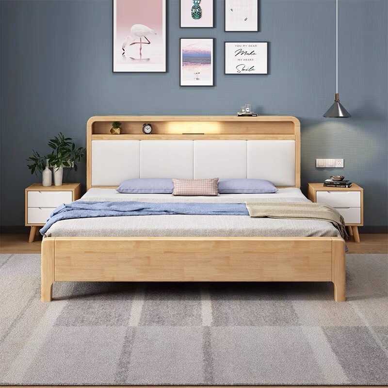 Nordic solid wood bed with USB lamp modern minimalist bed 1.5 m 1.8m B & B apartment bedroom furniture double bed Nordic solid wood bed with USB lamp modern minimalist bed 1.5 m 1.8m B & B apartment bedroom furniture double bed