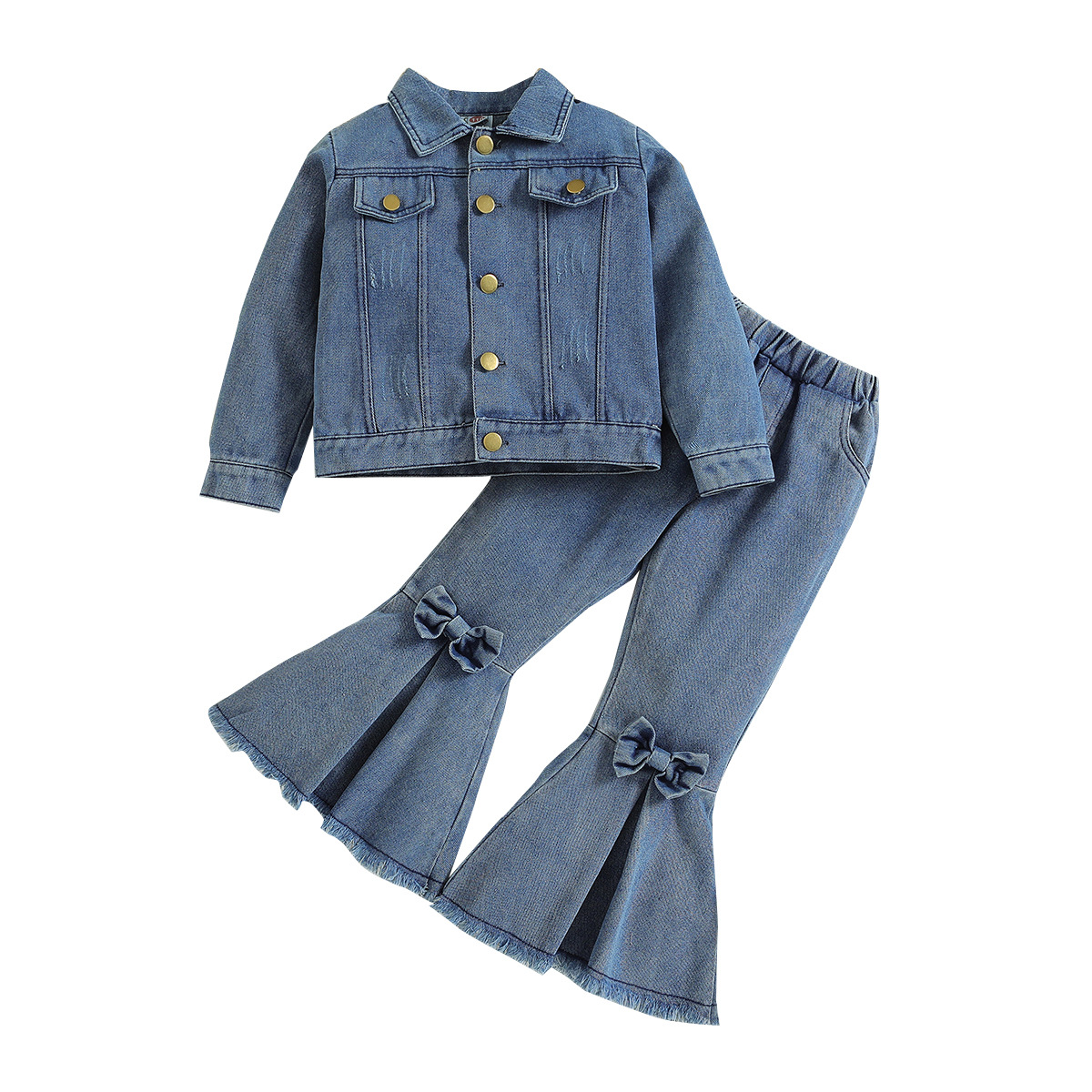 Simple Style Solid Color Bowknot Denim Girls Clothing Sets display picture 4