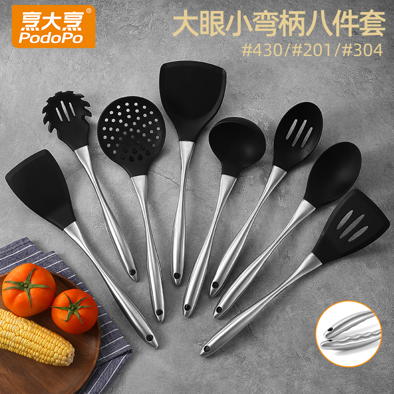 304不锈钢锅铲 不粘锅专用硅胶铲不锈钢手柄硅胶厨具套装厂家批发