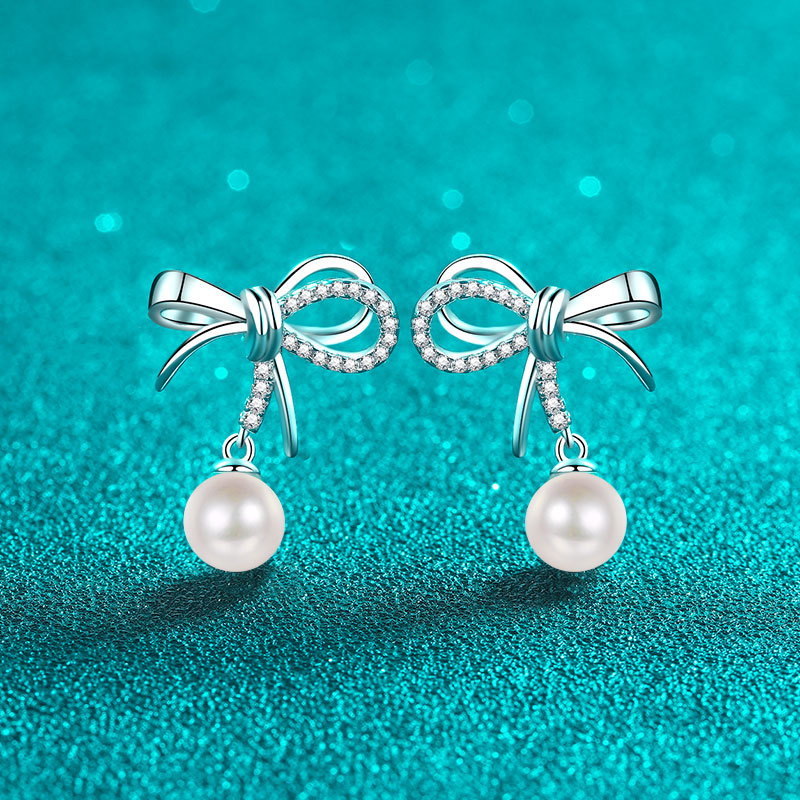 D Color Moissanite S925 Sterling Silver Moissanite Pearl Stud Bowknot Drop Sweet Cute Earrings Versatile High-end Design Sense_voghion.com