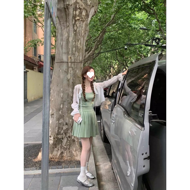 小清新刺绣花花针织百褶吊带连衣裙女甜美小个子高腰显瘦A字短裙|undefined