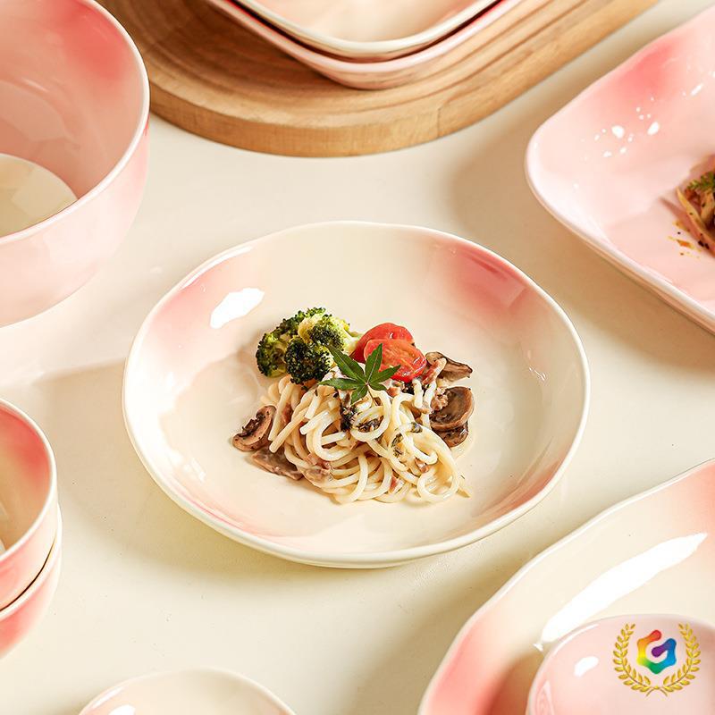 ♫ Ins Gradient Blush Color Bowl and Plate Tableware Set for Home Use, High Aesthetic Value Bowl and Chopstick Set, New Home Moving Ceramic Bowl Set
