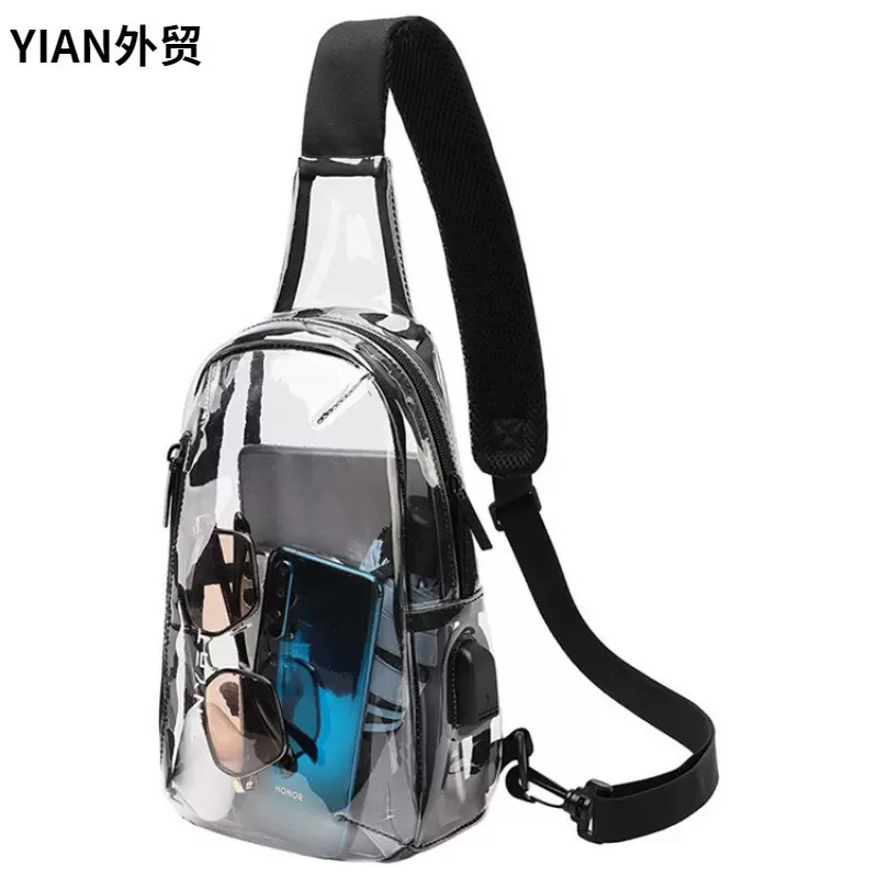 现货pvc透明带USB充电体育场透明胸包伸缩女士男士休闲斜挎单肩包