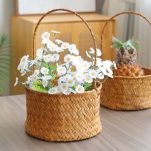 跨境花篮藤编手提篮子草编竹编编织手工插花篮水草小花篮植物篮子