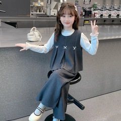女童2025秋季新款长袖打底衫马甲阔腿裤套装中大童小香风三件套潮