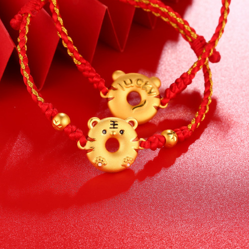 Sweet Treats Gold Plated Bronze Bracelet for the Year of the Tiger, Red Thread for Luck, Fashion Couple Bracelet Gift