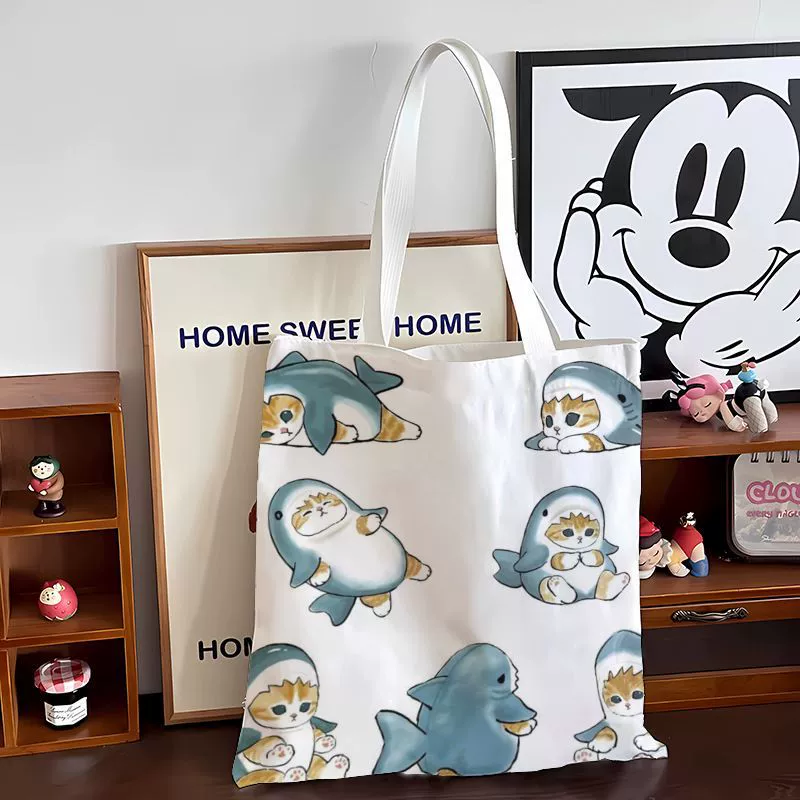 Shark, fresh capacious cloth bag one shoulder, cat