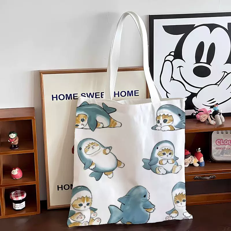 Shark, fresh capacious cloth bag one shoulder, cat