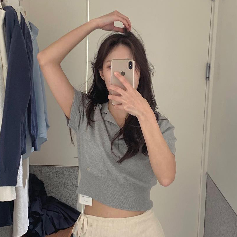 24 spring and summer new short-sleeved knitted top solid color POLO collar high waist slim sweater cotton comfortable women's short T