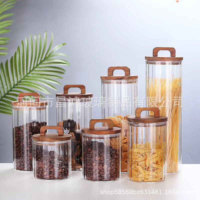 Latas de vidrio rayadas selladas latas selladas de madera de acacia de gran calibre latas selladas de alta borosilicato a prueba de humedad latas de almacenamiento de granos de café de té image 4