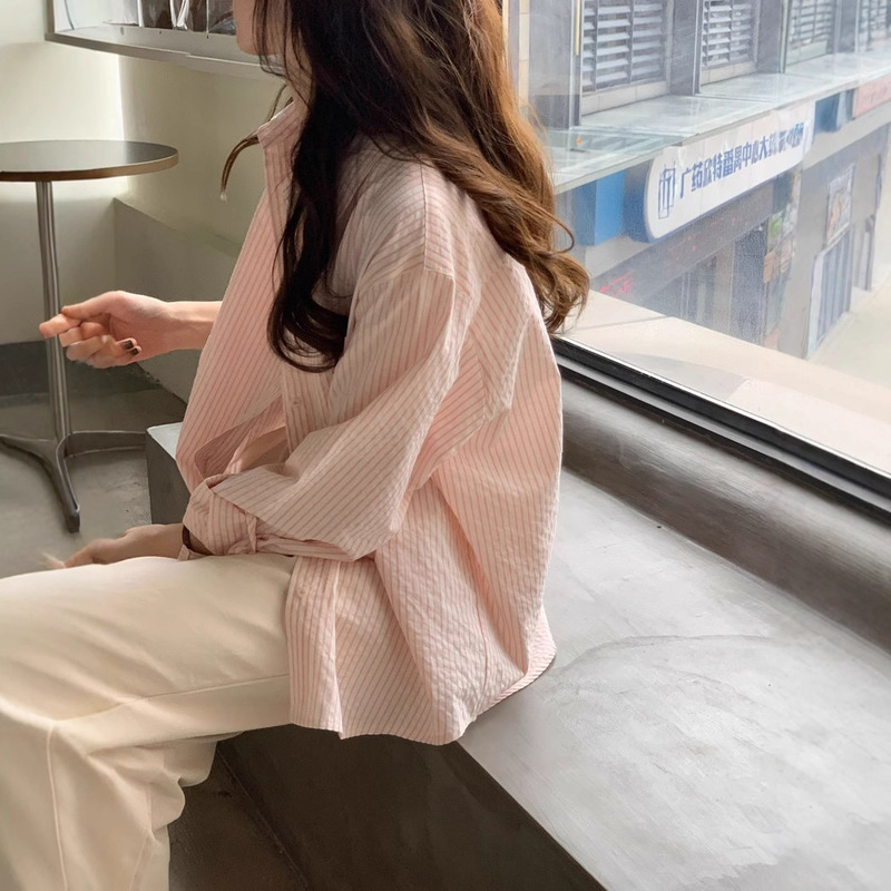 PPHOME Healing Girl ~ Early Autumn Gentle College Joker Classic Cream Striped Loose Long Sleeve Shirt