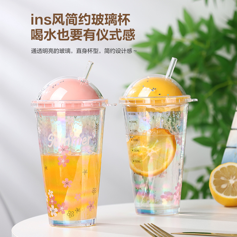 网红ins风简约玻璃杯随手便捷式带刻度吸管水杯高颜值可爱女生