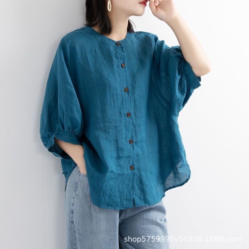 春と秋の新作コットンとリネンのシャツ、女性用ランタンスリーブ、レトロな文学トップス、女性用の大きいサイズのルーズミッドスリーブシャツ、トレンディです。|undefined
