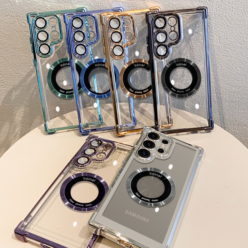 Suitable for Samsung S25Ultra Four-Corner Anti-Fall Electroplated Transparent Mobile Phone Case S23+ Simple Magnifying Glass Hard Protective Case