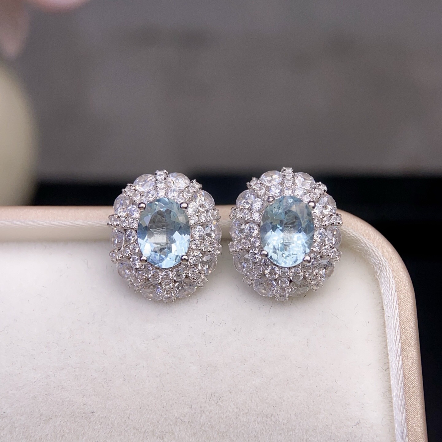 Natural Aquamarine Earrings with Main Stone 6*8mm, Set in 925 Silver, Latest Electroplating Technology