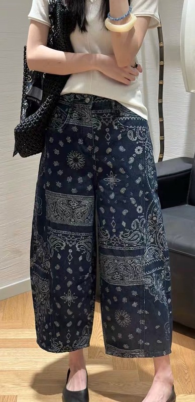 2025早秋新款复古气质腰果花拼接弯刀牛仔裤高腰显瘦休闲裤不退换|undefined