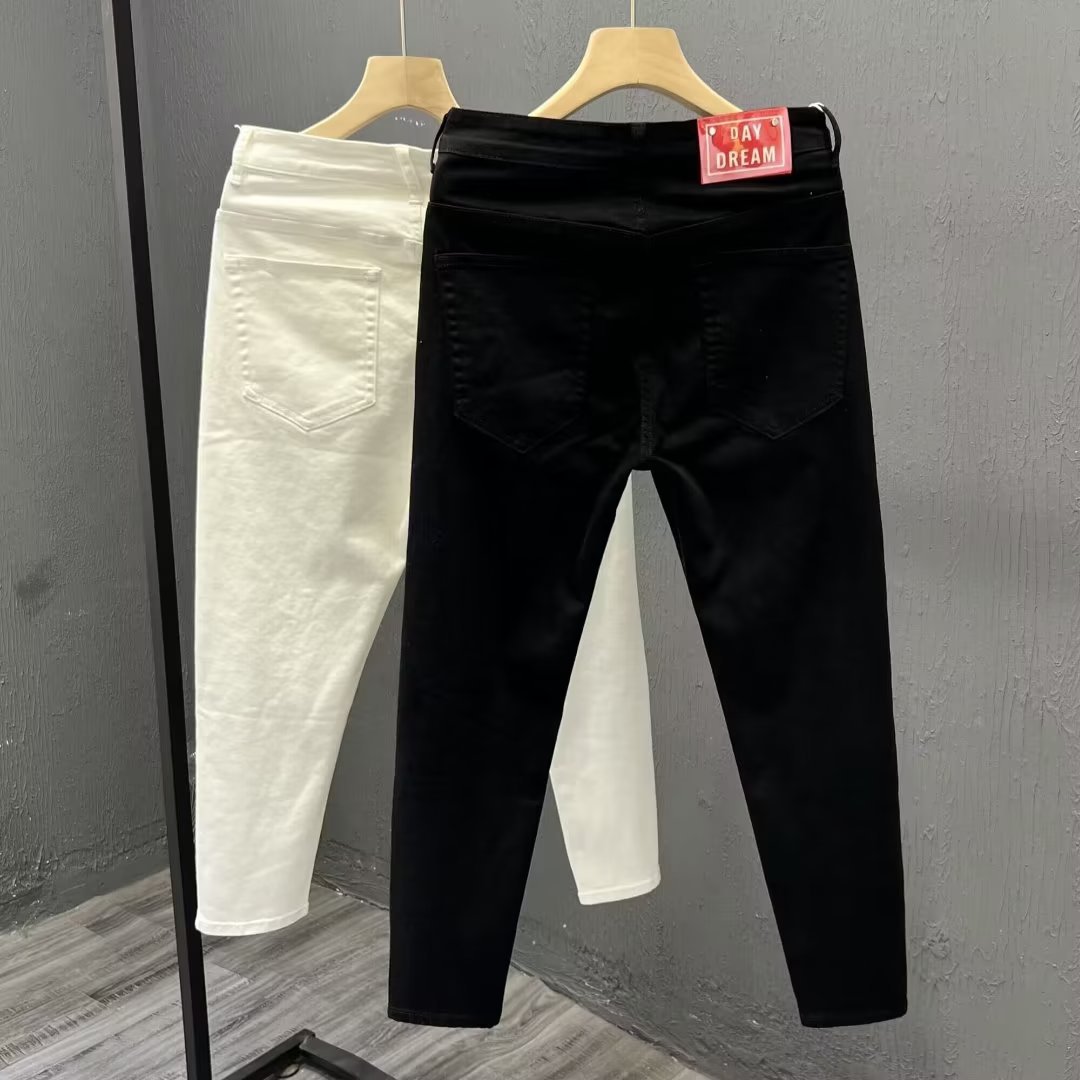 Men's Clothing White nine point jeans casual versatile men's version of slim feet brand slim handsome elastic nine point pants trend_voghion.com