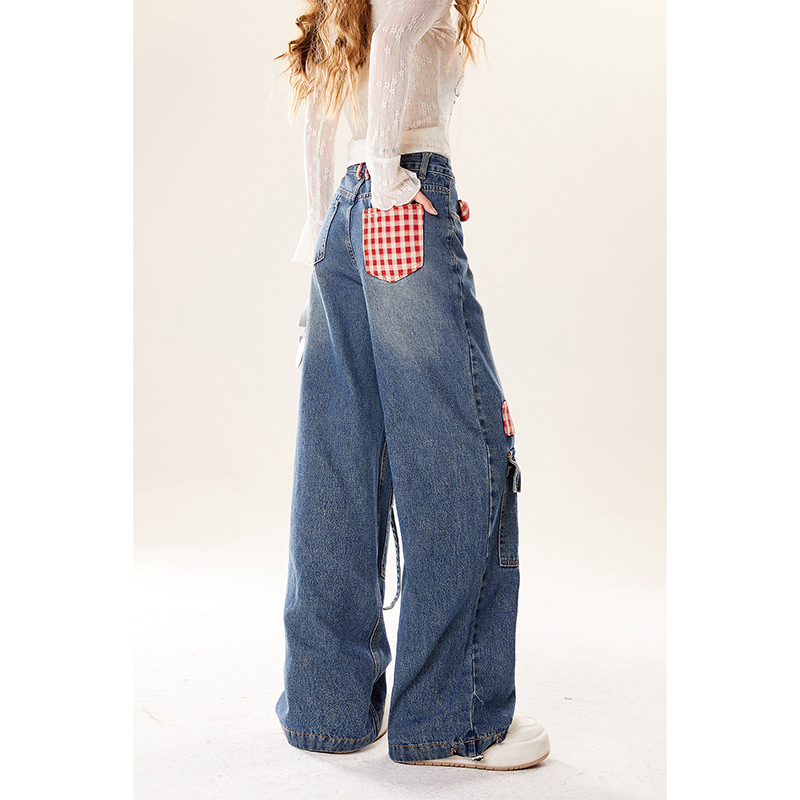 (2개) 자연적인 수렴성 활 끈 체크 바느질 청바지 여성의 2024 새로운 가을과 겨울 뜨거운 소녀 스트레이트 작업 바지