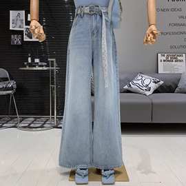 韩版时尚蕾丝拼接腰带高腰设计感小众显瘦拖地百搭牛仔阔腿裤女