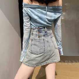 高腰排扣牛仔短裙女2025夏季薄款小个子防走光a字浅色短款半身裙