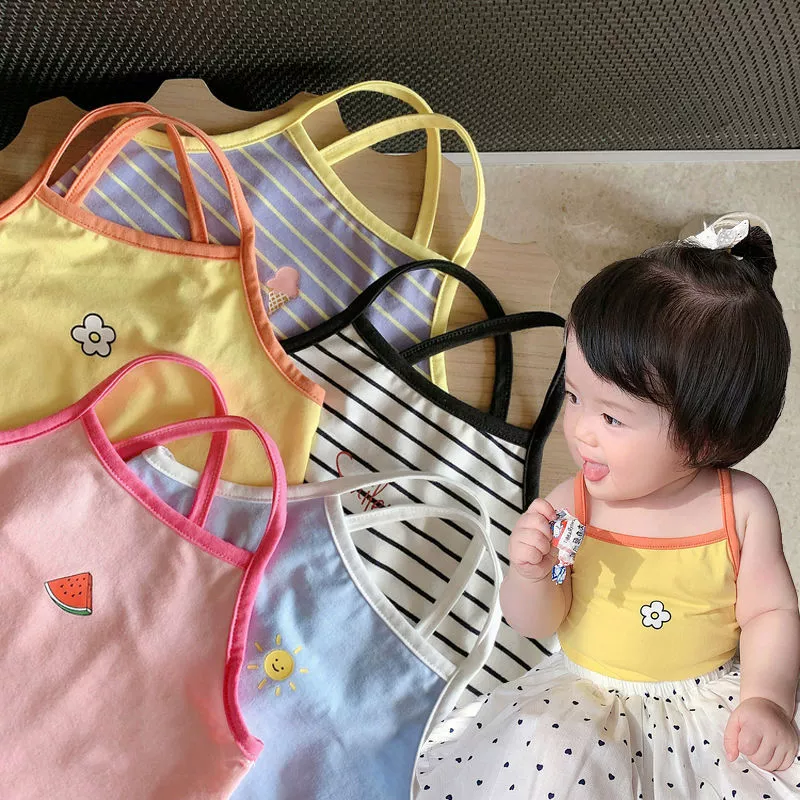 Детский мультяшный топ для девочек с ремнем и внутренней одеждой из ледяного шелка, летний маленький жилет для малышей, тонкая верхняя одежда, футболка